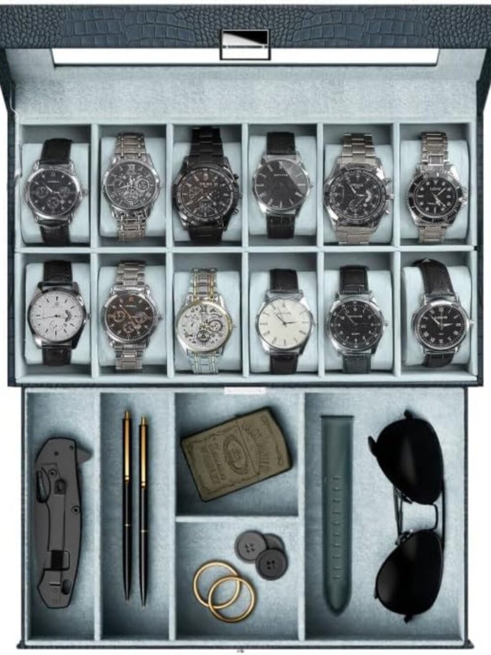 12-Slot Watch Box for Men with Drawer, Croc Texture, Luxury Storage Case